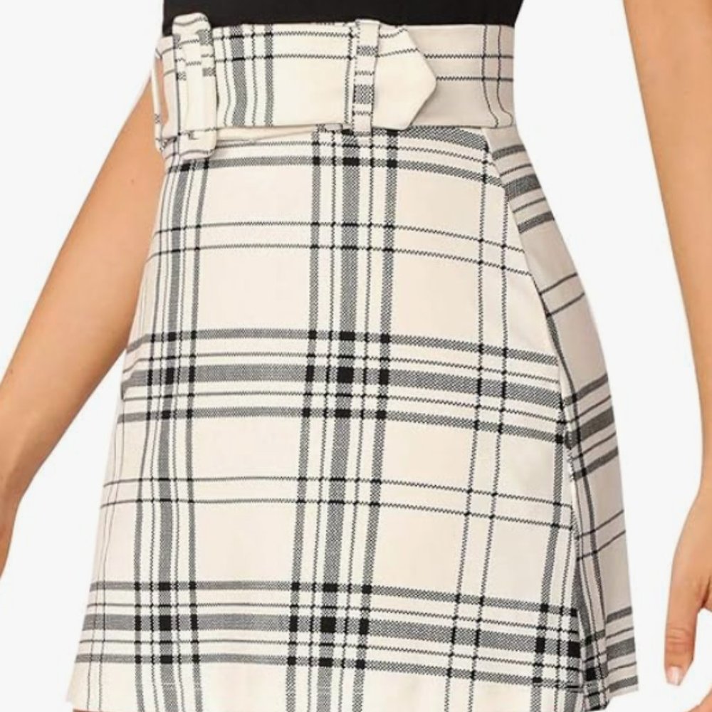 NWOT Floerns Women's Plaid Skirt High Waist Belted Bodycon Mini Skirt